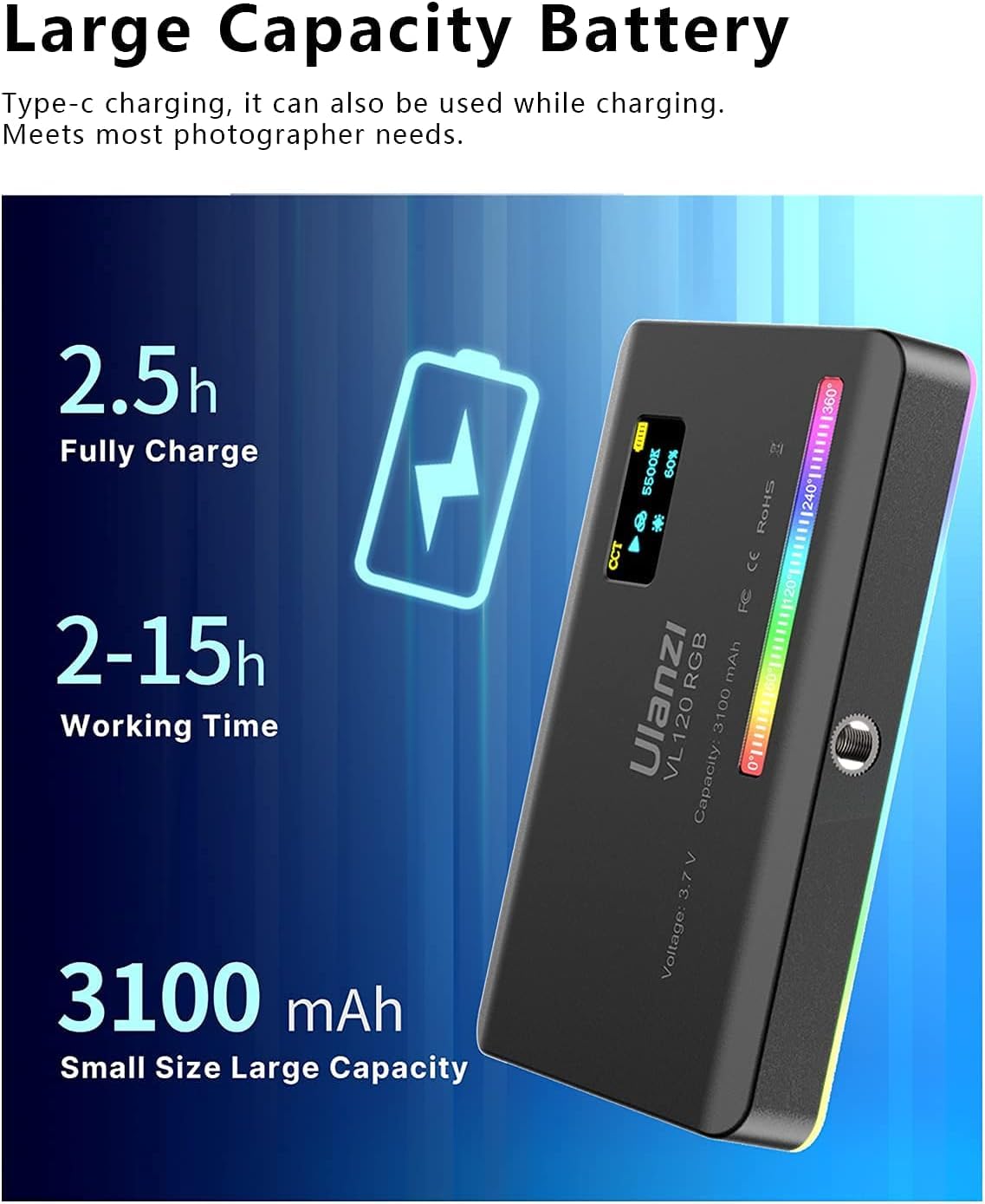 ULANZI VL120 RGB Video Light, Pocket LED On-Camera Light, Built-in 3100mAh Rechargeable Battery, 360 Full Color 20 Light Effects, CRI?95 2500-9000K, Black, (2495)
