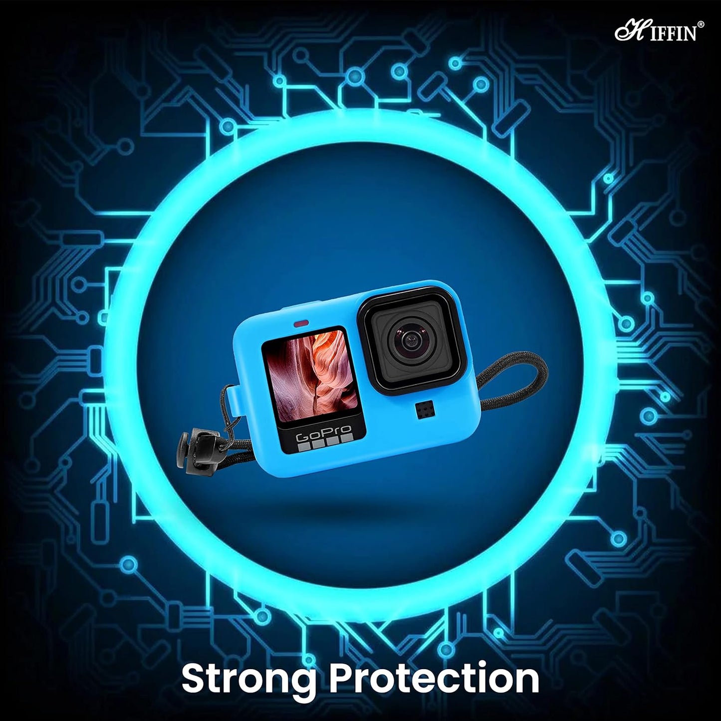 Hiffin Protective Silicone Sleeve Case + Lanyard Accessories Soft Rubber Frame Cover Protection for Go Pro Compatible with Go Pro Hero 9|10|11 Blue Action Camera (Blue)