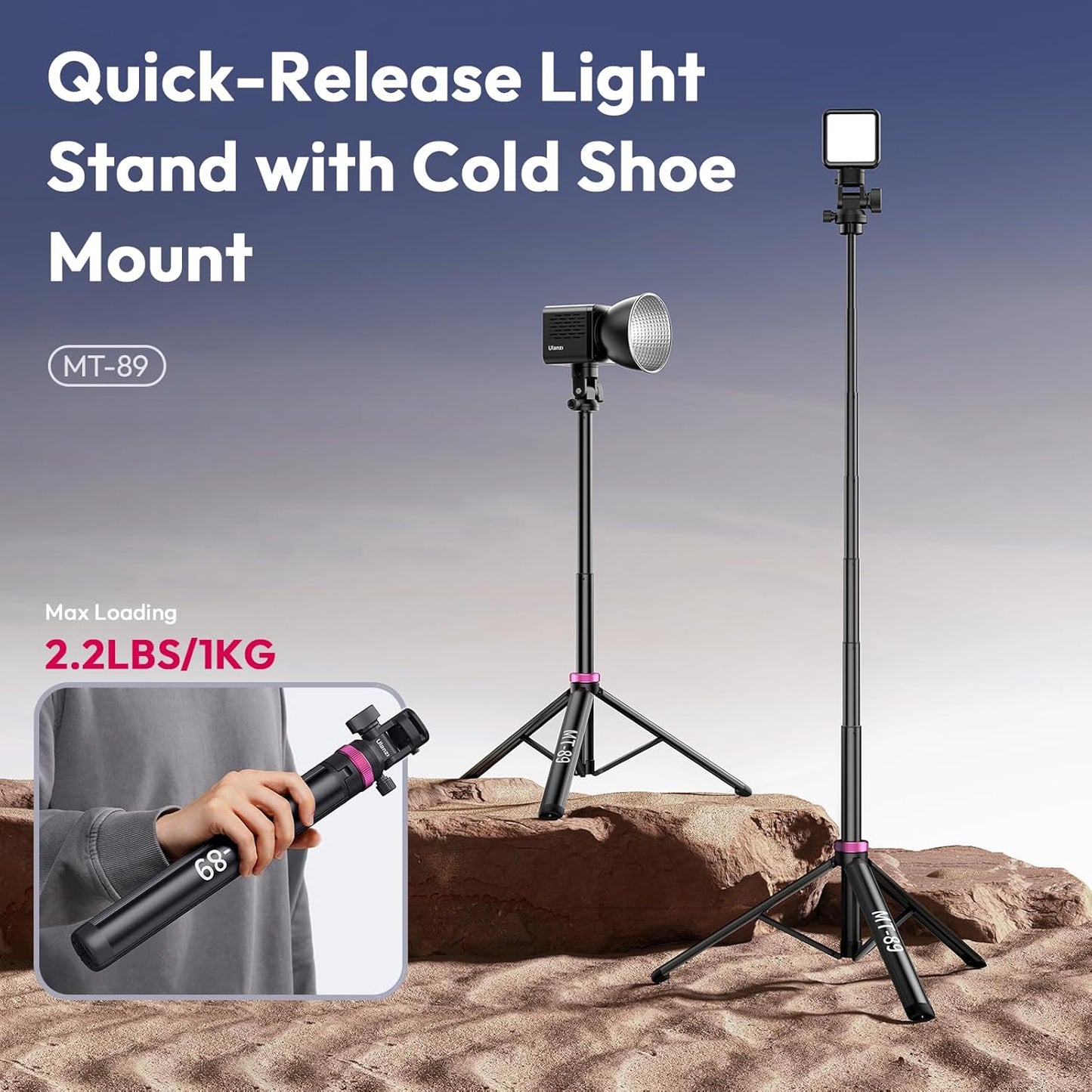 ULANZI MT-89 Portable Adjustable Light Stand with 1/4" Screw Quick Release, 82" Extendable Tripod Aluminum, 360° Ball Head Camera Phone Tripod for Camera Video Light Smartphone, Lightweight for Trave