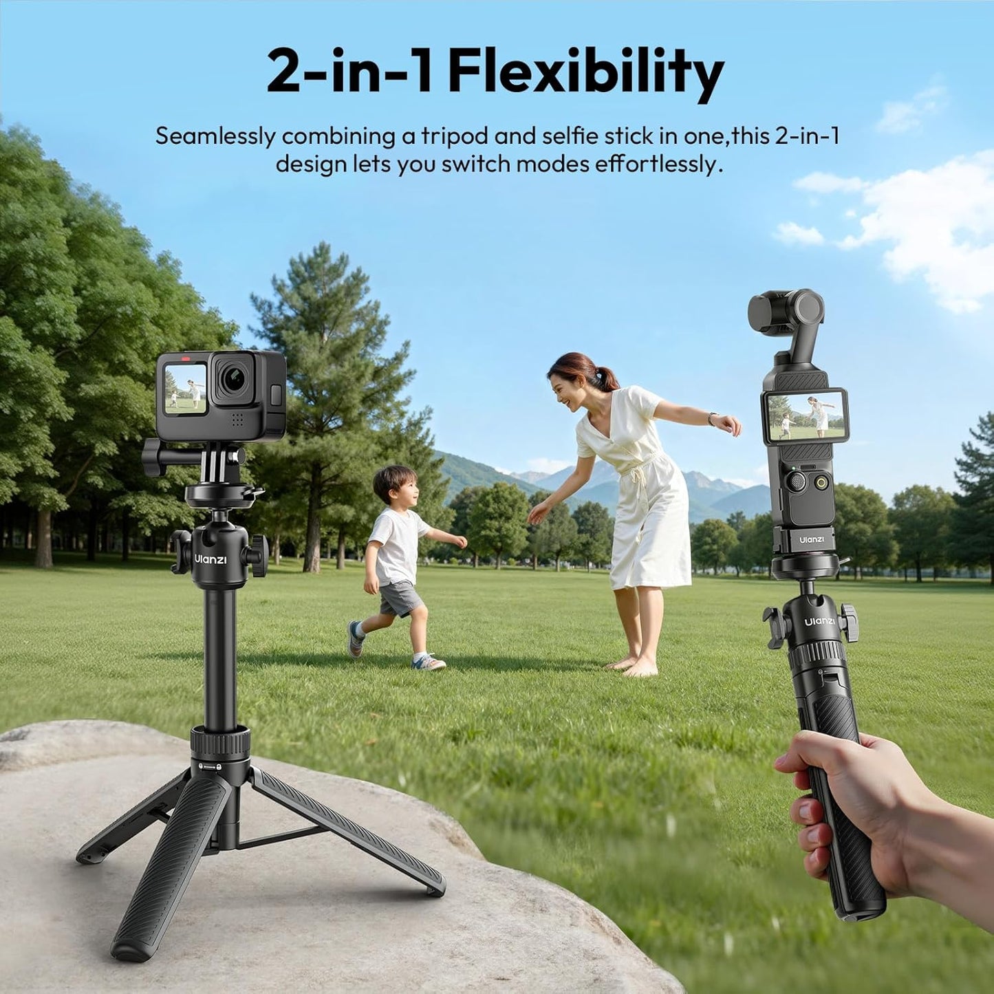 ULANZI MT90 Action Camera Tripod Stand Vlog Handle Grip with Quick Release, Ball Head & Cold Shoe, Camera Desktop Tripod for Action Cameras & Small Cameras