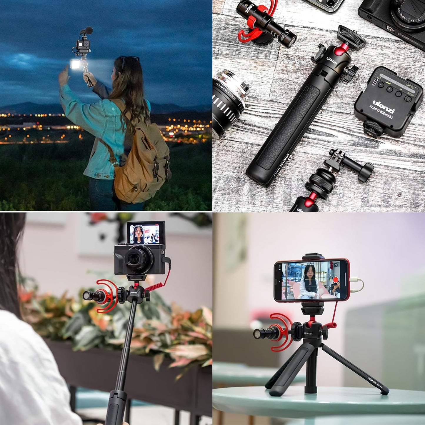 UURig Extendable Phone Camera Tripod, 4 Levels Adjustment 360° Ball Head Cold Shoe Lightweight Portable Vlog Travel Selfie Stick Handle Grip Desktop Webcam Tripod for iPhone DSLR Sony Gopro, Black