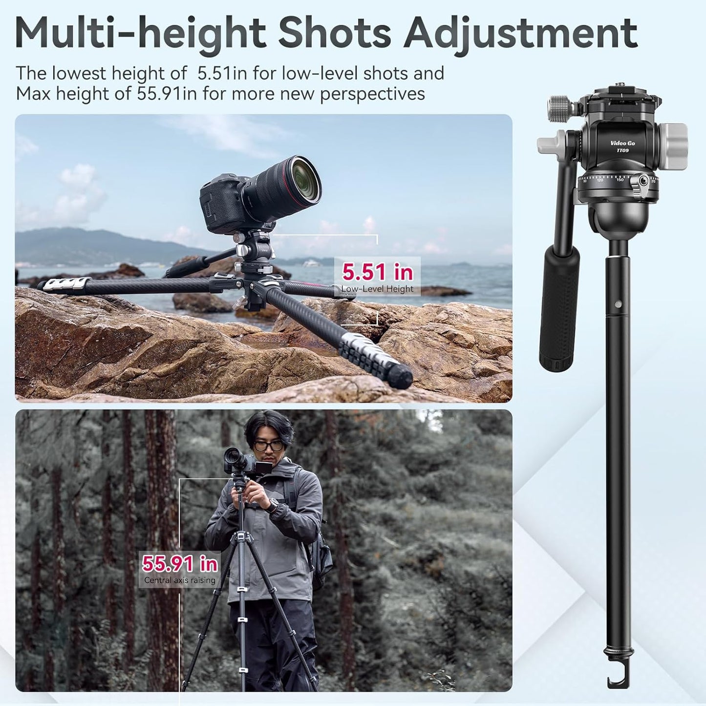 Ulanzi TT09 VideoGo Travel Tripod, 55.91" Carbon Fiber Camera Tripod with Arca QR & 360° Ballhead & Handle, Compact Lightweight Tripod for Photography/Video Shooting, for Most Cameras/DSLR/Projector