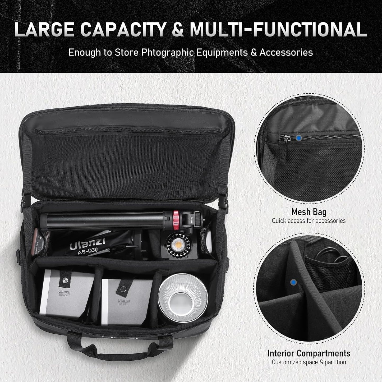 ULANZI Carrying Bag with Movable Foam Padded for Studio Light, Light Stands, Mini Softboxes, Durable Oxford Cloth Transit Bag Travel Case with Shoulder Strap & Handle, 17.13'' x 10.83'' x 8.27'',OM-01