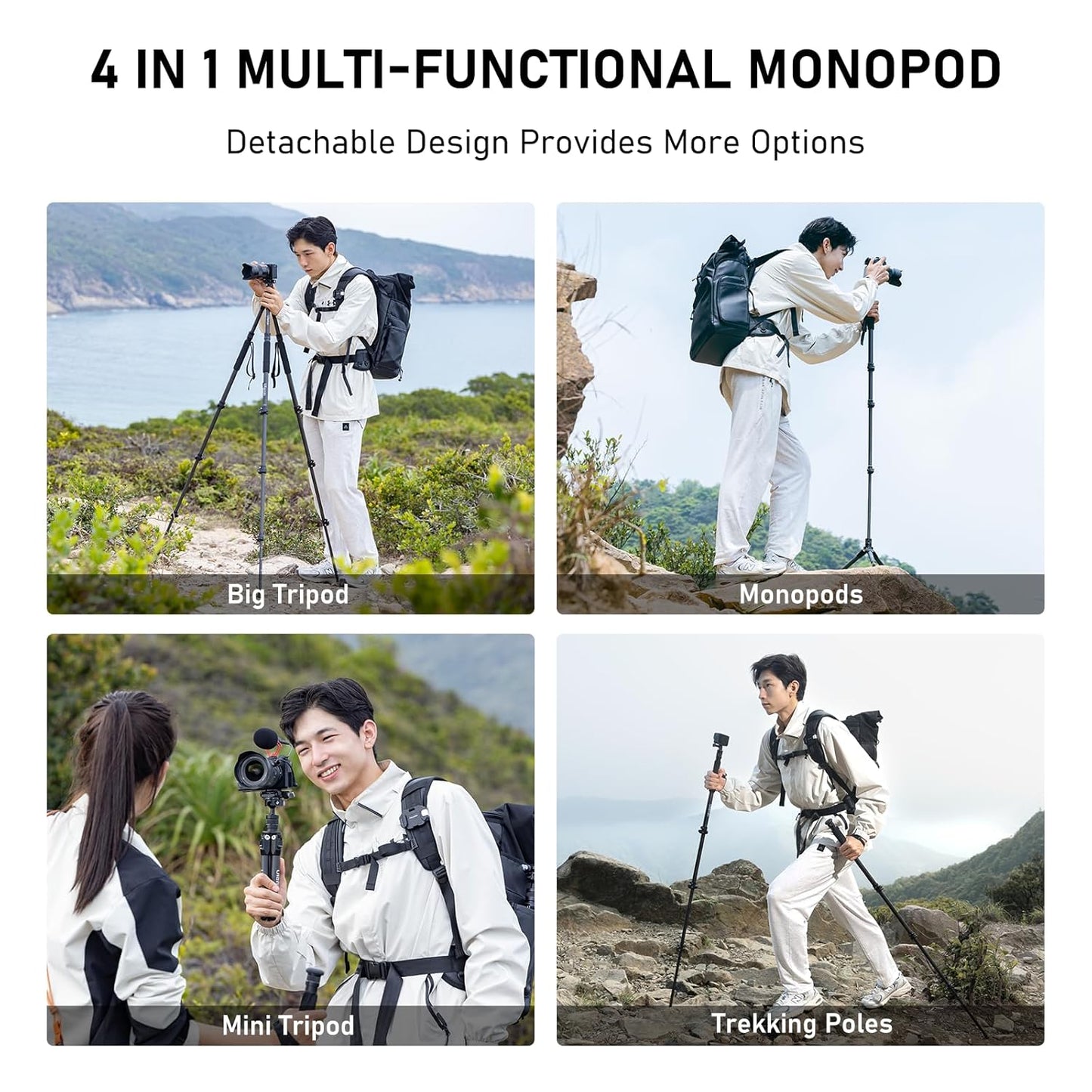 Ulanzi TT35 Hiking Stick Tripod Kit, Travel Camera Tripod Monopod, 57.48" Detachable Carbon Fiber Tripod Stand Kit with 3 Hiking Pole & Mini Tripod & Removable Arca QR for DSLR Camera Camcorder