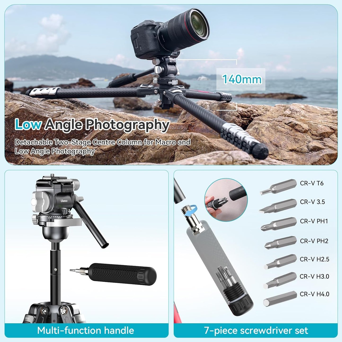 Ulanzi TT09 VideoGo Travel Tripod, 55.91" Carbon Fiber Camera Tripod with Arca QR & 360° Ballhead & Handle, Compact Lightweight Tripod for Photography/Video Shooting, for Most Cameras/DSLR/Projector