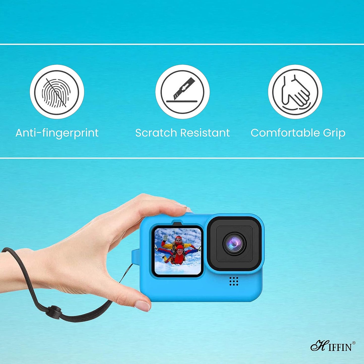 Hiffin Protective Silicone Sleeve Case + Lanyard Accessories Soft Rubber Frame Cover Protection for Go Pro Compatible with Go Pro Hero 9|10|11 Blue Action Camera (Blue)