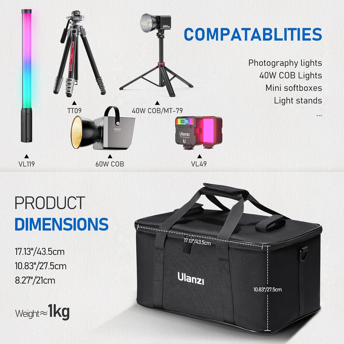 ULANZI Carrying Bag with Movable Foam Padded for Studio Light, Light Stands, Mini Softboxes, Durable Oxford Cloth Transit Bag Travel Case with Shoulder Strap & Handle, 17.13'' x 10.83'' x 8.27'',OM-01