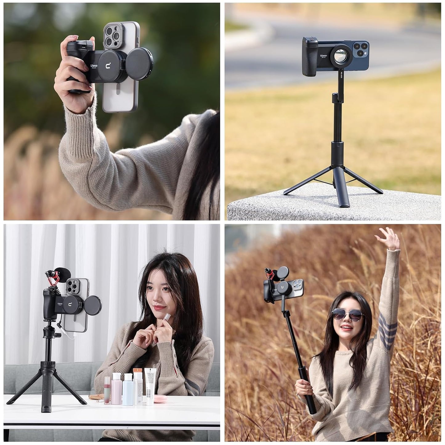 ULANZI Selfie Phone Tripod Mount MA35, 2-in-1 Magnetic & Phone Clip Camera Grip Handle Holder with Detachable Remote Shutter with Cold Shoe Adapter for iPhone 14 15 Samsung Smartphone Video Shooting